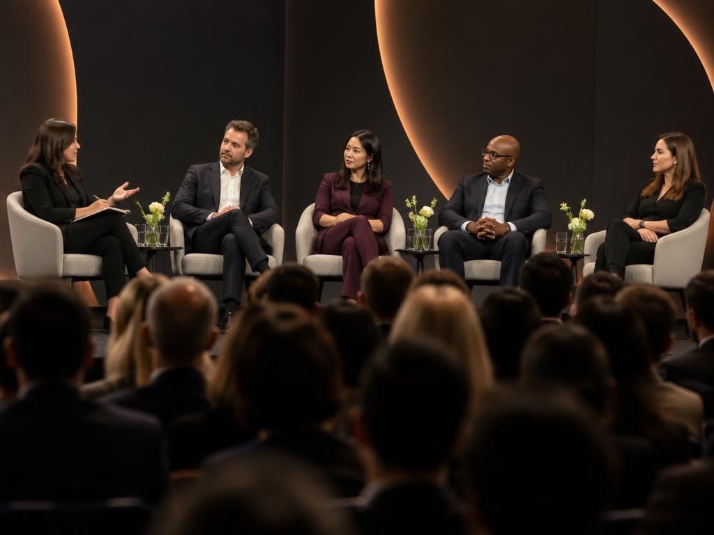 Moderated industry panel on stage before a large, attentive conference audience