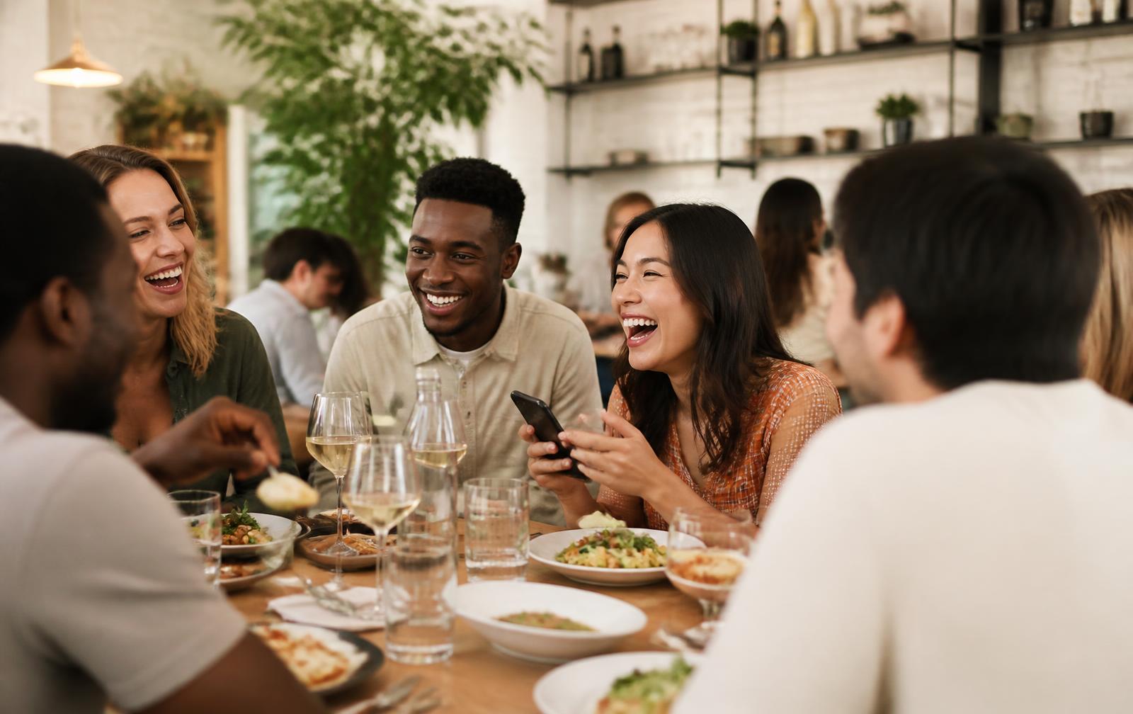 Customers together at a restaurant table, one holding a phone